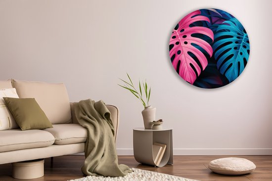 Saammp Muurcirkel Hout - Roze Blauwe Bladeren - Landschap - Natuur - Ø 80 - Wandcirkel - Wanddecoratie Cirkel - Muurdecoratie Woonkamer - Slaapkamer decoratie - Rond Schilderij