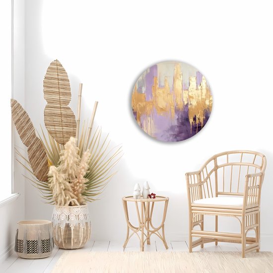 Saammp Muurcirkel Hout - paars goude horizon - Abstract - Ø 90 - Wandcirkel - Wanddecoratie Cirkel - Muurdecoratie Woonkamer - Slaapkamer decoratie - Rond Schilderij