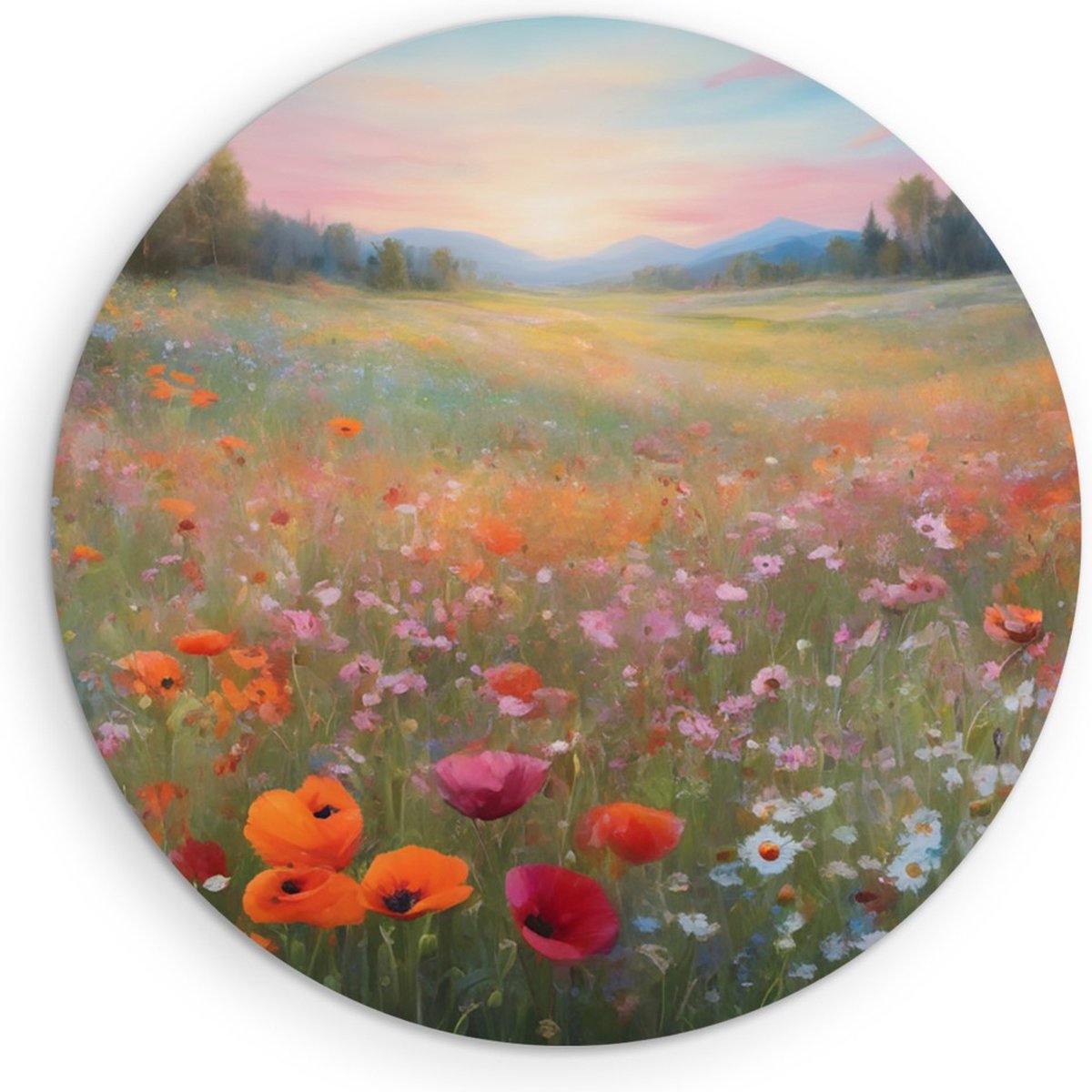 Saammp Muurcirkel Hout - Bloemenveld - Natuur - Landschap - Ø 90 - Wandcirkel - Wanddecoratie Cirkel - Muurdecoratie Woonkamer - Slaapkamer decoratie - Rond Schilderij