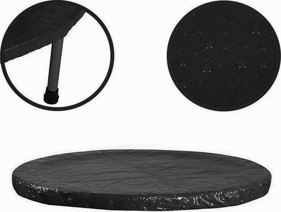Set van drie beelden: ronde zwarte trampolinehoes, detail van hoes met poot, en detail van hoes met druppels.