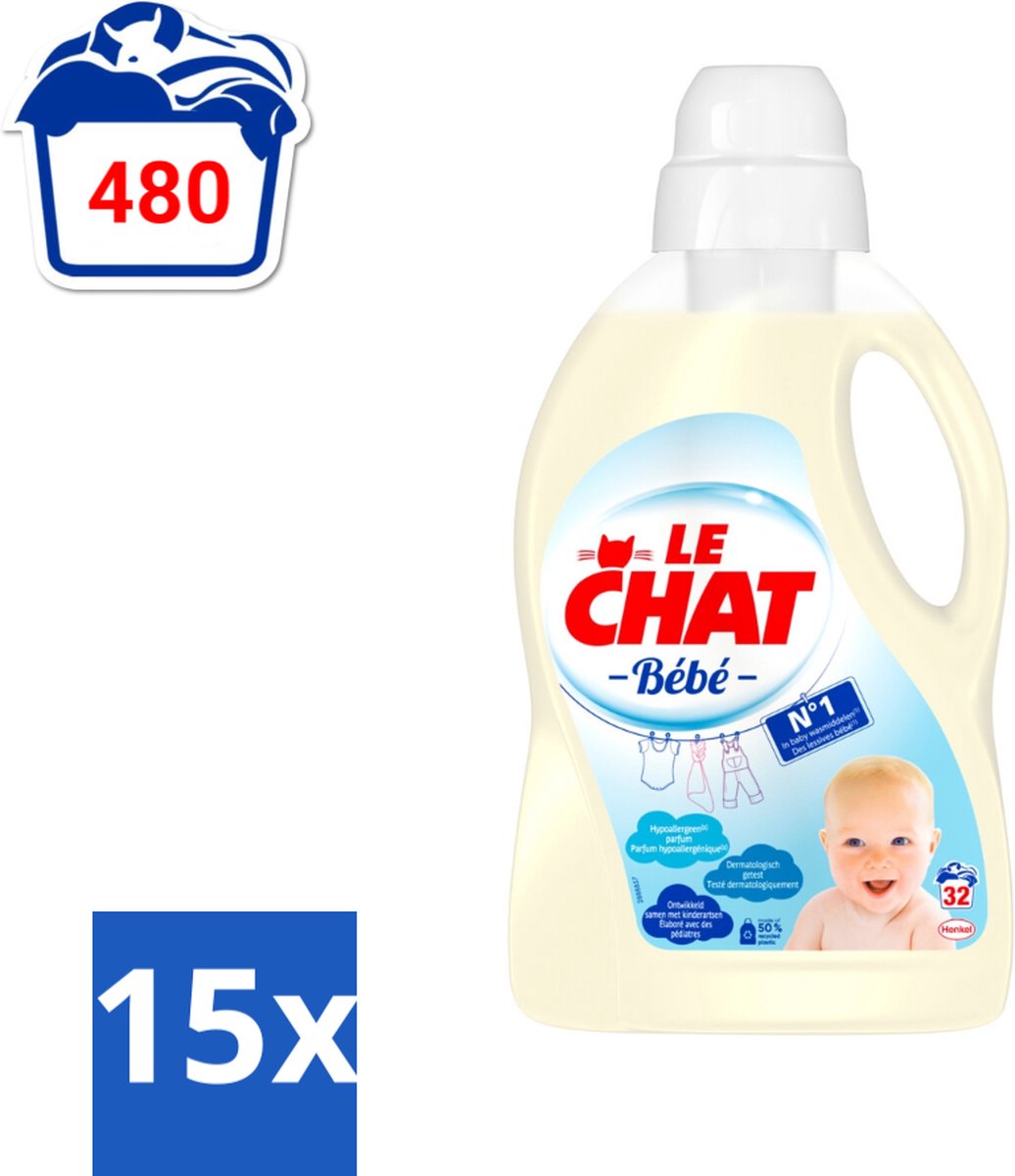15 x Le Chat Vloeibaar Wasmiddel Bébé 32 Wasbeurten 1440 ml - Wasmiddel Voor Baby - Hypoallergisch Wasmiddel - Wasmiddel Voor Gevoelige Huid - Wasmiddel Voor Kinderen - Wasmiddel Tegen Babyvlekken