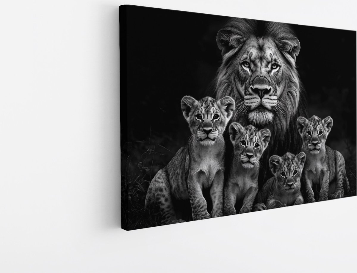 Saammp Canvas Schilderij - Grote Leeuwen familie - Natuur - Dieren - 120x80 - Foto op canvas - Wanddecoratie - Muurdecoratie Woonkamer - Slaapkamer decoratie - Canvas Print Multicolor