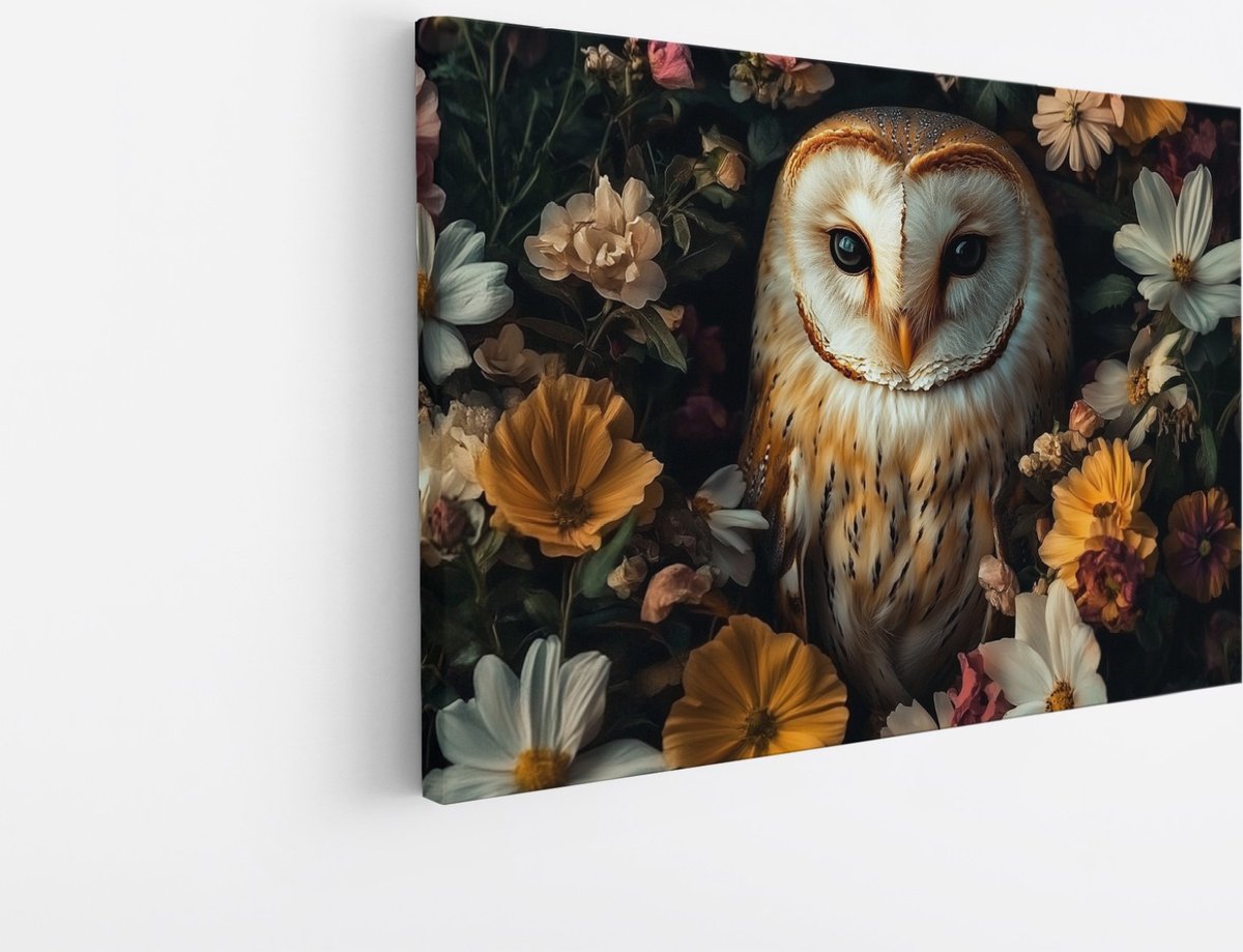 Saammp Canvas Schilderij Uil - tussen de bloemen- Abstract - Dieren - 100x75 - Foto op canvas - Wanddecoratie - muurdecoratie Woonkamer - Slaapkamer decoratie - Canvas Print Multicolor