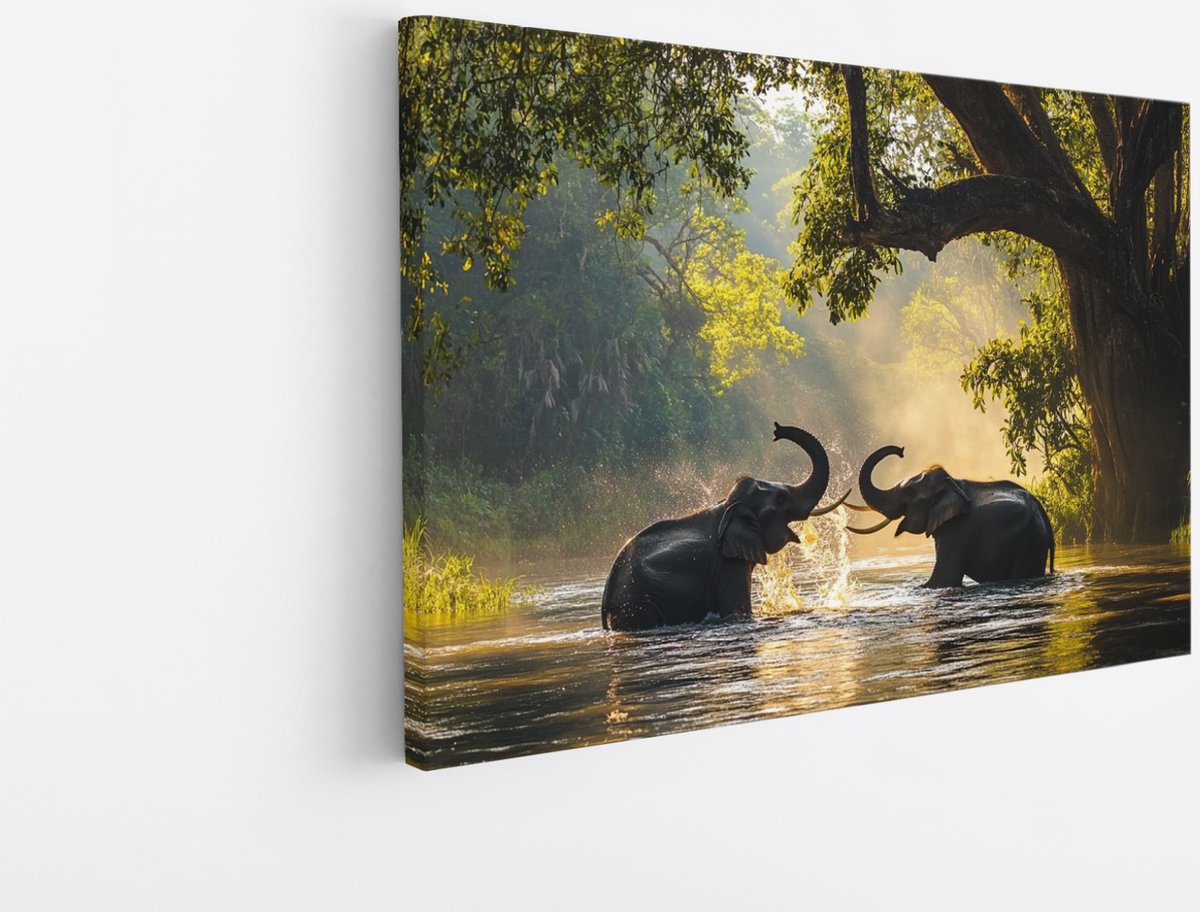 Saammp Canvas Schilderij - 2 Spelende Olifanten - Afrika - Dieren - 90x60 - Foto op canvas - Wanddecoratie - muurdecoratie Woonkamer - Slaapkamer decoratie - Canvas Print Multicolor