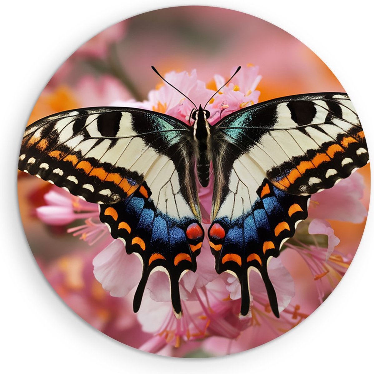 Saammp Forex Muurcirkel -Kleurrijke Vlinder - Bloemen - Dieren - Ø 40 - Wandcirkel - Wanddecoratie Cirkel - muurdecoratie Woonkamer - Slaapkamer decoratie - Rond Schilderij