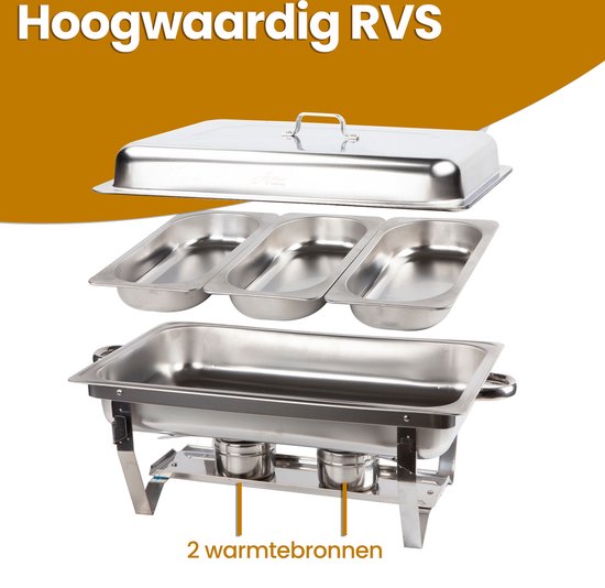 Alora Chafing Dish chrome 3 bakken - Voedsel Verwamer - Voedsel Warmhouden - met Deksel - Buffetwarmer - Roestvrij Staal - Chrome - Earmhoudplaat - Bain Marie - Warmhoudbakken - Warmhoudschalen — afbeelding 3