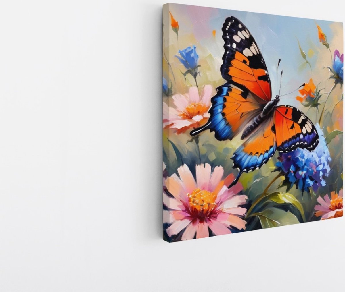 Saammp Canvas Schilderij -Vlinder bij roze bloem - Dieren - Abstract - 30x30 - Foto op canvas - Wanddecoratie - muurdecoratie Woonkamer - Slaapkamer decoratie - Canvas Print Multicolor