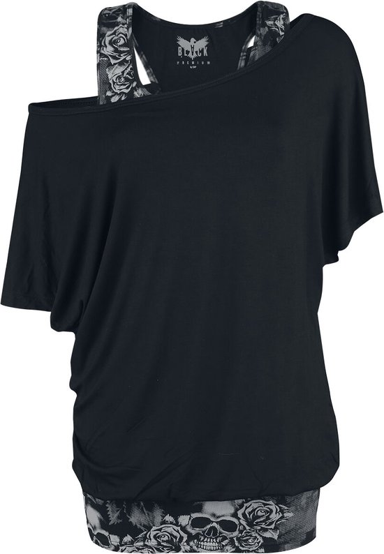 Black Premium by EMP Grijs-zwart t-shirt in double-layer-look met skull-print - Dames - 3XL