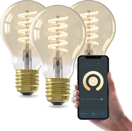 Foto: Calex slimme led lamp set van 3 stuks e27 wifi verlichting spiraal filament a60 smart lichtbron goud dimbaar warm wit licht 7w