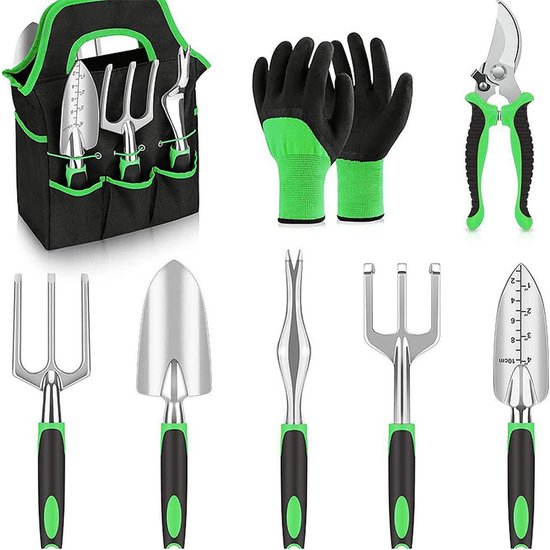 Ensemble d'outils de jardin Candala, outil de jardin, 7 pièces, en acier inoxydable, outil à main de jardin avec sécateur de jardin, râteau de jardin, trois pelles à planter, désherbeur, sac à main, cadeau de jardin pour le jardinage