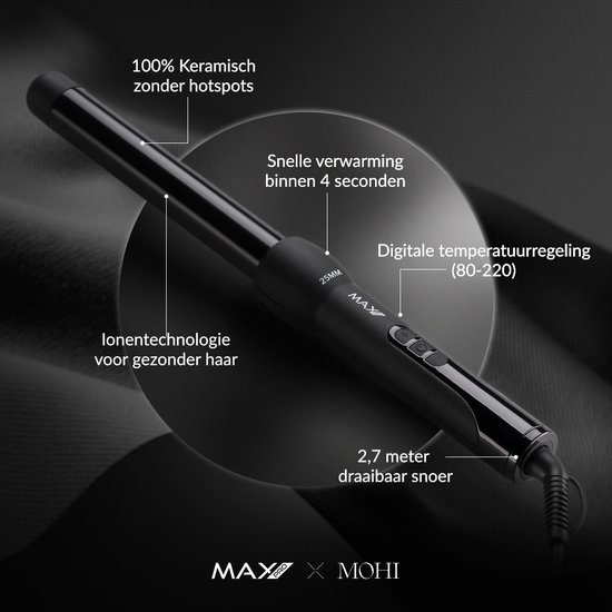 Zwarte Max Pro twist krultang 25mm: 100% keramisch, snelle verwarming, digitale temperatuurregeling.