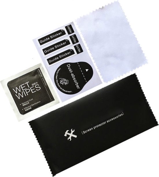 Ensemble d'accessoires pour protecteur d'écran de téléphone : lingettes humides, absorbeur de poussière, autocollants guides et un chiffon de nettoyage.