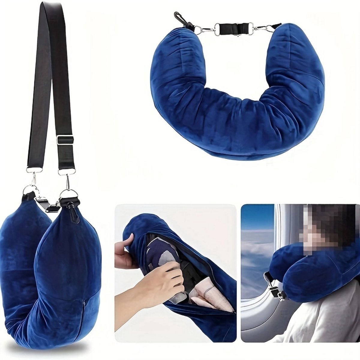 ByMetz® Opvulbaar Nekkussen voor in het vliegtuig - Nekkussen als opbergtas voor onderweg - Reiskussen om te vullen met spullen en kleding - Lichtgewicht & Ademend - Kan ook als Reistasje gebruikt worden - Blauw