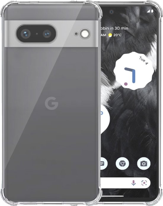 Doorzichtige beschermhoes om een Google Pixel 7 telefoon met een grijze achterkant en camera-eiland.