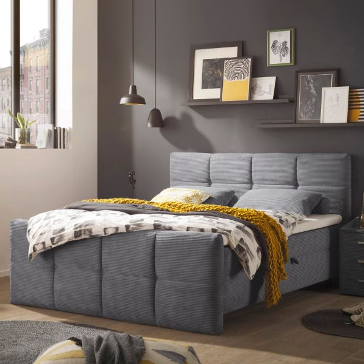 Kofferbed Tijuana | Inclusief Matrastopper | 160 X 200 Cm | Antraciet - Emob - Tweepersoons Gestoffeerd Bed - Antraciet - Stof Tweepersoons Normaal Bed