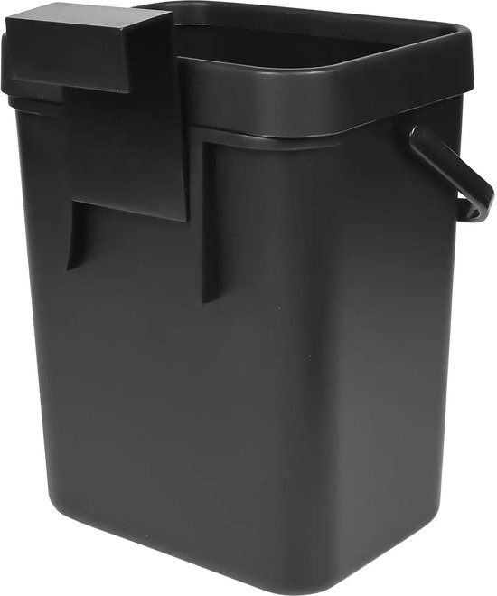 Zwarte Benson afvalbak met handvat en een breed ophangmechanisme aan de achterkant.