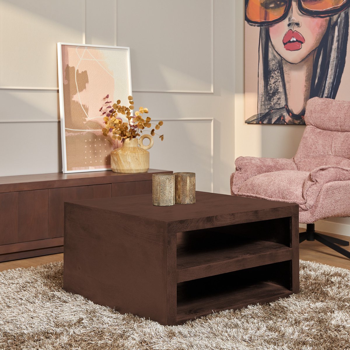Meubels4nu - Salontafel Cube - 80x80cm - Vierkant - Mangohout - Bruin - Opbergvak - Open vak - Landelijke salontafel - Snelle levering