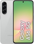 Zilverkleurige Samsung Galaxy A56 5G, achterkant en voorkant. Telefoonscherm toont "Galaxy A56 5G".