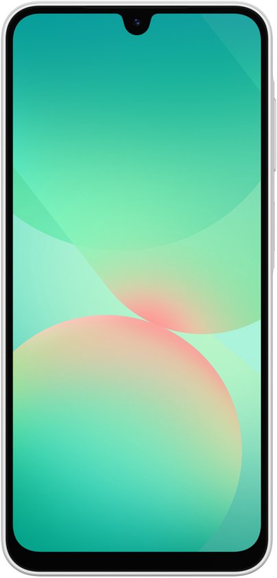 Vooraanzicht van witte Samsung Galaxy A26 5G met een groen, oranje en roze achtergrond.