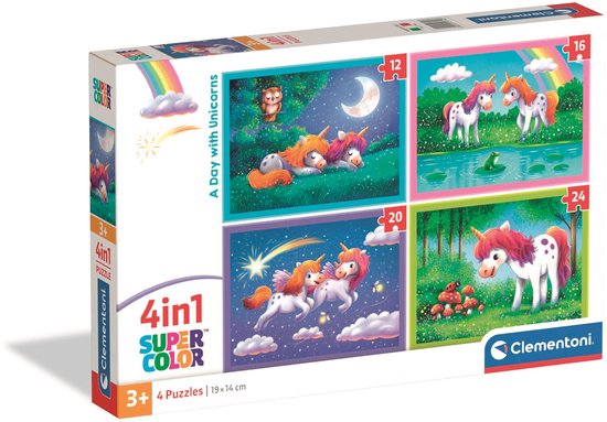 Clementoni - Kinderpuzzel 4 in 1 - Een Dag met Eenhoorns - 12, 16, 20 ...