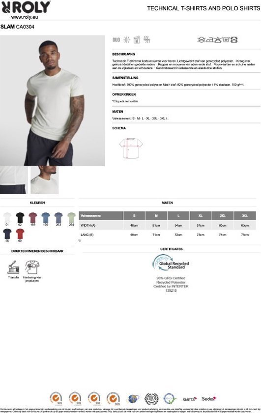 Model draagt een lichtgroen Roly sportshirt met korte mouwen en ronde hals, gecombineerd met zwarte sportbroek.