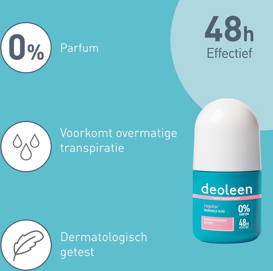 Deoleen Anti-transpirant - Roller Regular - Voorkomt overmatige transpiratie en transpiratiegeur - 48 uur effectief - 0% parfum - Dermatologisch getest - Deodorant - 50 ml