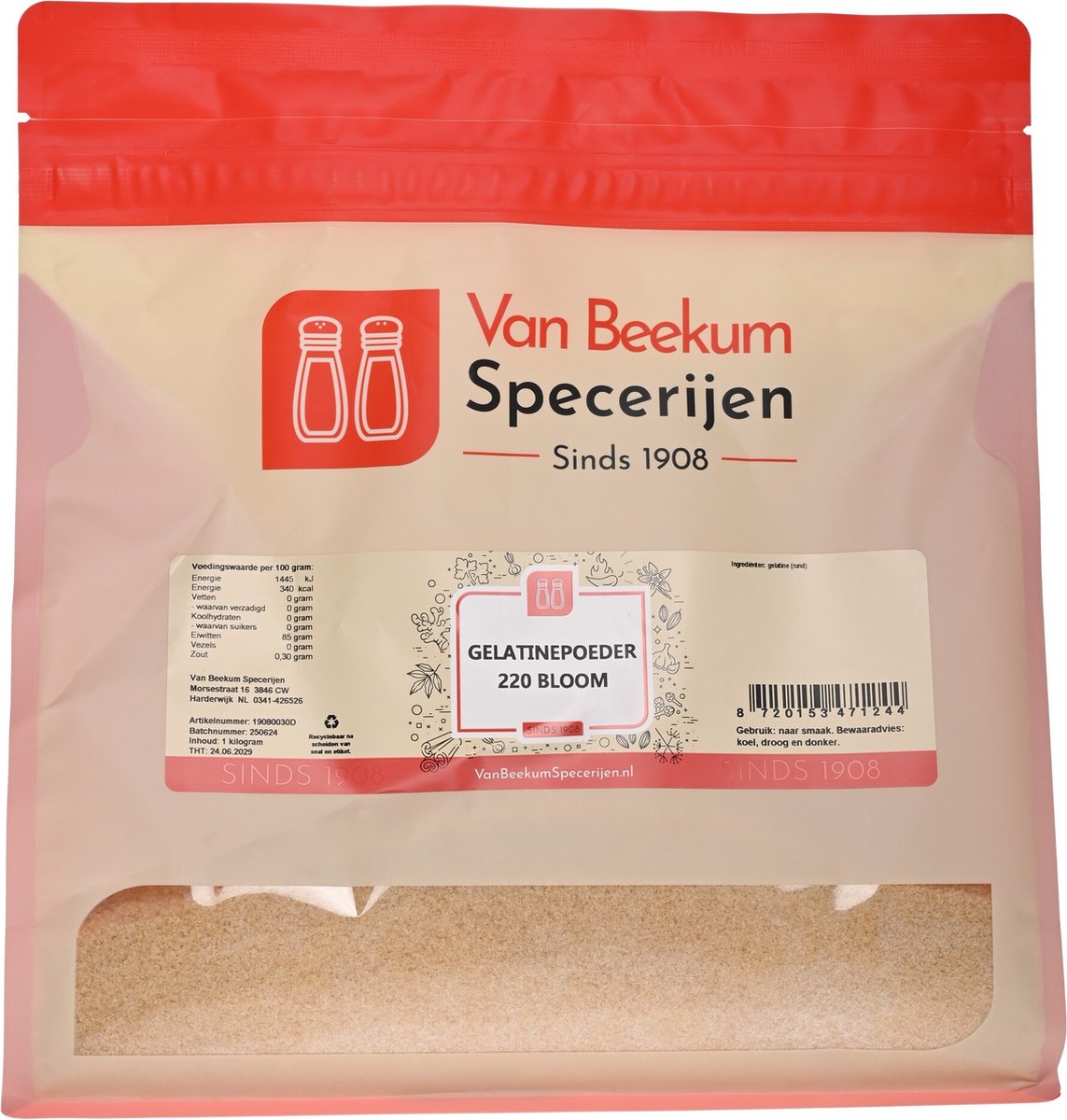 Goedkoopste Van Beekum Specerijen - Gelatinepoeder 220 Bloom - 1 kilo (hersluitbare stazak