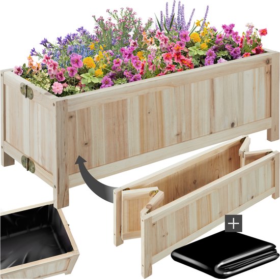 tectake® Verhoogde Plantenbak Blomster - Bloembakken voor buiten Rechthoekig - Inclusief folie - Opvouwbare Houten Bloembak - Stabiel en Weerbestendig - 70 x 30 x 25 cm - Tuinbed voor Kruiden, Groenten en Bloemen