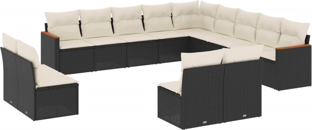 13-delige Loungeset poly rattan zwart met kussens - The Living Store