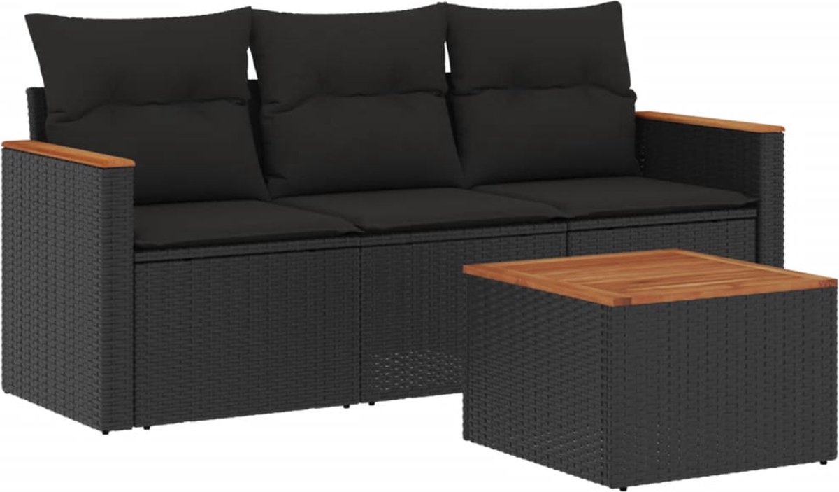 The Living Store 4-delige Loungeset met kussens poly rattan zwart - Loungebank - Lounge Set - Tuinbank - Buitendiner - Outdoor Furniture