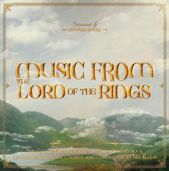 Albumhoes met 'Music From The Lord Of The Rings' in gouden letters, gecomponeerd door Howard Shore.