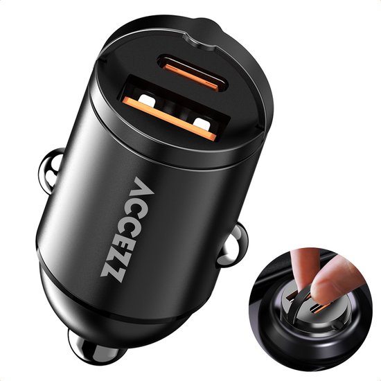 Accezz Autolader USB C & USB A - Snellader 65W - Compacte Auto Oplader - USB lader - Zwart