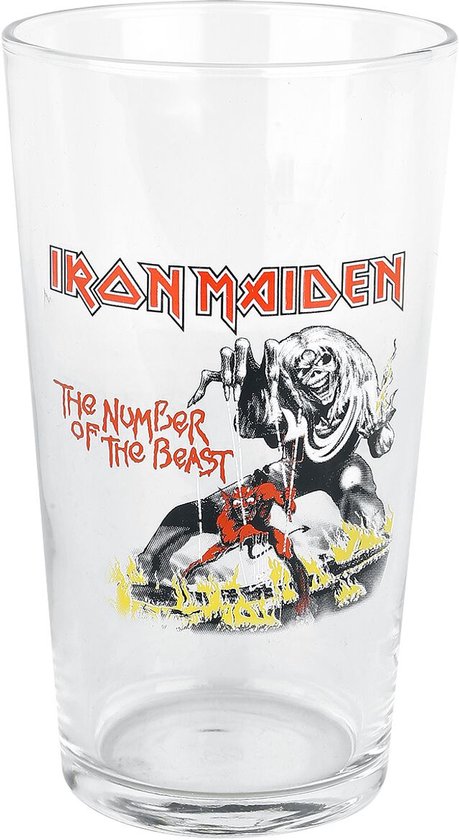 Glas met 'Iron Maiden' logo en artwork 'The Number of the Beast'.