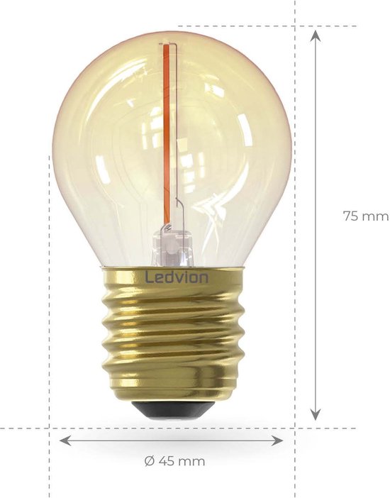 Amberkleurige G45 LEDlamp met messing E27 fitting, 45mm breed en 75mm hoog.
