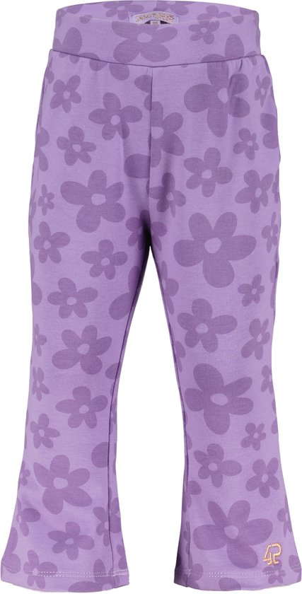 Paarse flared broek met lichtpaarse bloemenprint en oranje "42" logo op de zoom.