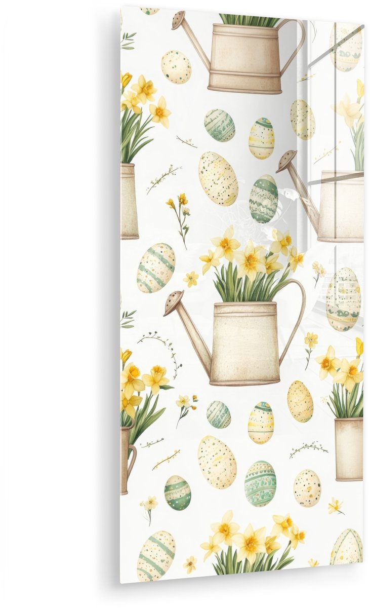 MuchoWow® Glasschilderij 60x120 cm - Schilderij acrylglas - Gieter - Bloemen - Eieren - Fo