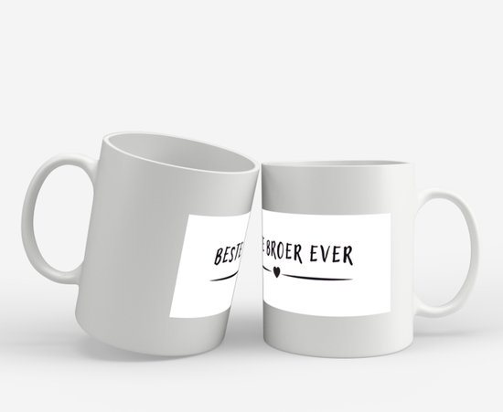 Deux tasses blanches avec le texte 'Beste broer ever' et un petit cœur.