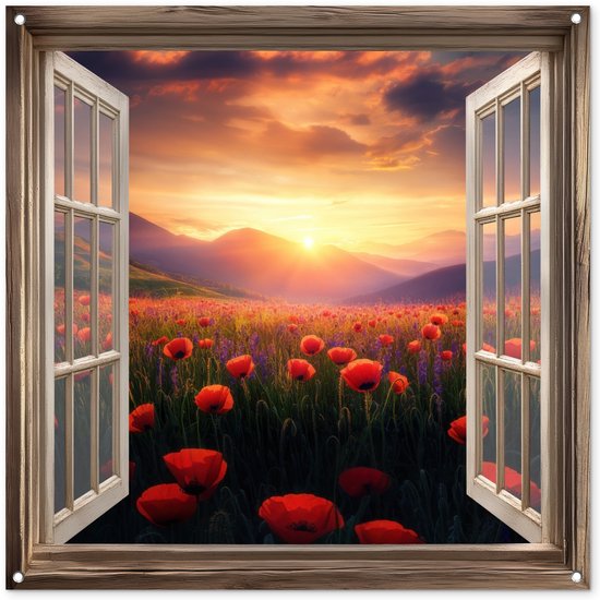 Gards Tuinposter Doorkijk Kosmos Bloemenveld met een Pad - Bloemen - 150x100 cm