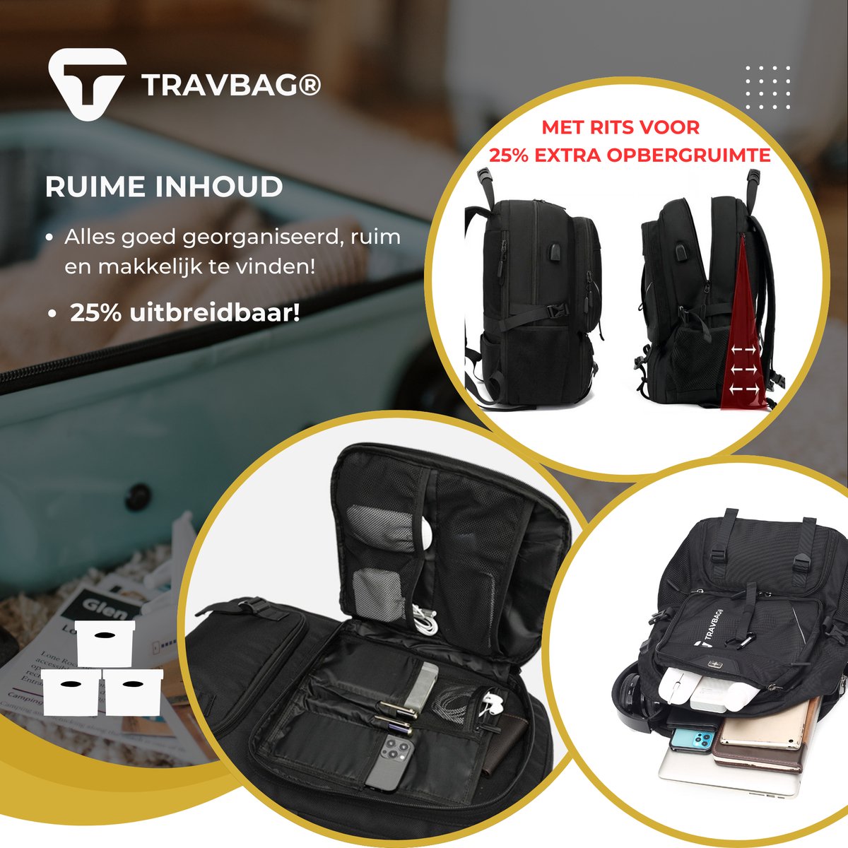 TRAVBAG® EXPLORER - XL Rugzak 65L met Laptopvak - Backpack Reistas - Wandelrugzak - Waterdicht & Verstelbaar - USB Oplaadpoort - Anti-diefstal - Incl. Reisslot - Voor Reizen, Werk & School – foto 7