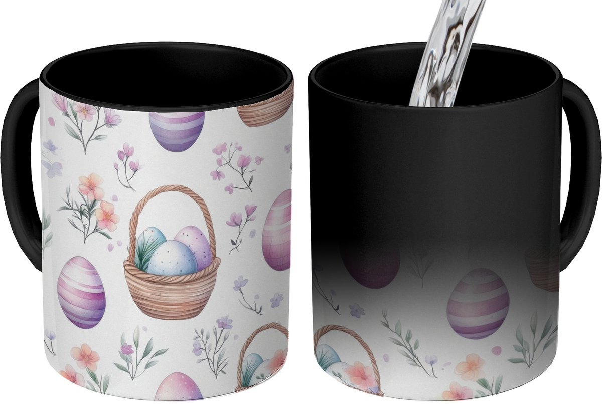 Magische Mok - Foto op Warmte Mokken - Koffiemok - Bloemen - Paaseieren - Patroon - Magic Mok - Beker - 350 ML - Theemok