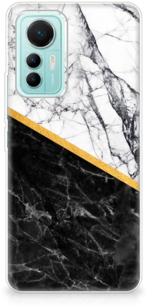 Xiaomi 12 Lite TPU Siliconen Hoesje Marmer Wit Zwart - Origineel Cadeau Man