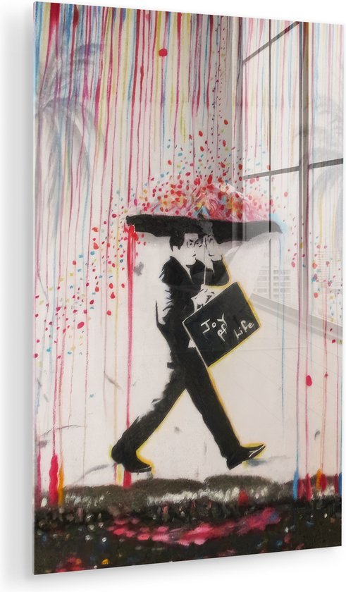 MuchoWow® Peinture sur verre 80x120 cm - Peinture sur verre acrylique - Pluie - Graffiti - Homme - Style Banksy - Photo sur verre - Décoration murale salon - Décoration murale chambre - Peintures