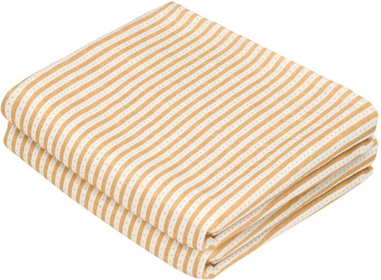 Twee gevouwen hydrofiele doeken met horizontale gele en witte strepen.