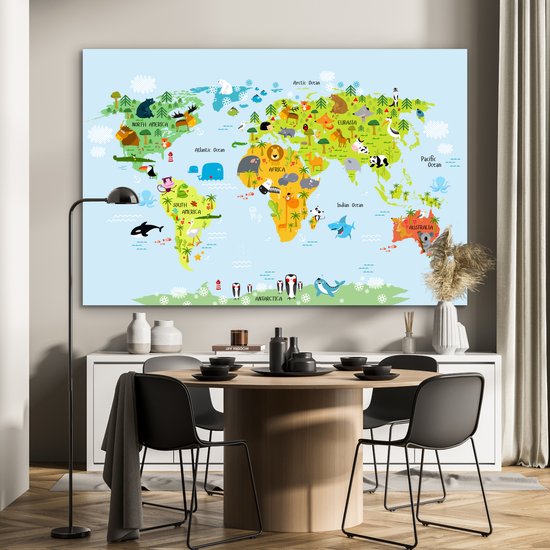 Décoration murale Métal - Aluminium - Wereldkaart - Enfants - Animaux - Nature - 180x120 cm