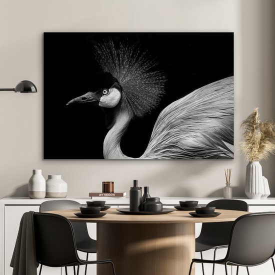 Aluminium schilderij 120x80 cm - Wanddecoratie metaal - Kraanvogel - Zwart - Wit - Vogel - Dieren - Metalen muurdecoratie woonkamer - Decoratie industrieel - Foto op dibond - Industriële accessoires slaapkamer