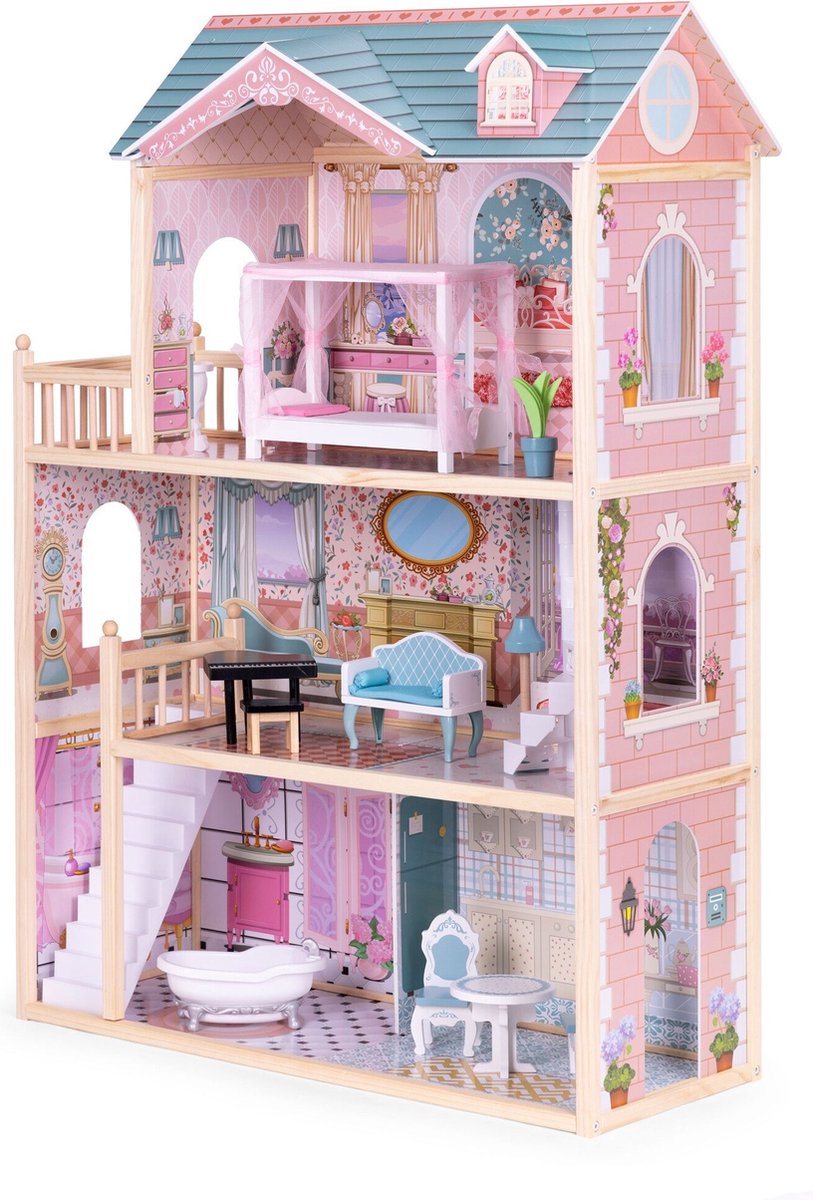 Kindveilig Houten Poppenhuis - 3 Speellagen - Volledig Gemeubileerd