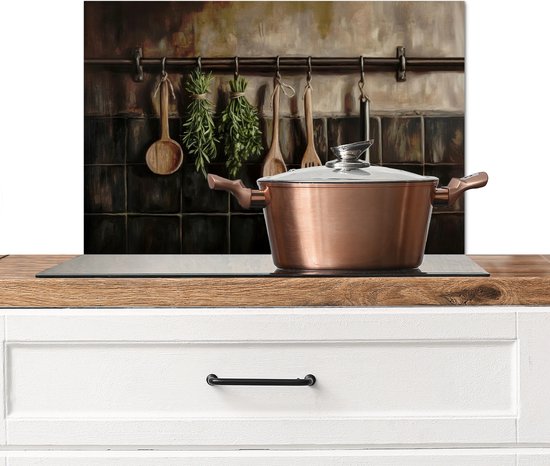 Crédence de Cuisinière en Aluminium 60x40 cm - Ustensiles de cuisine - Rustique - Carreaux - Épices - Écran Pare-éclaboussures pour Plaque de Cuisson - Protection Murale