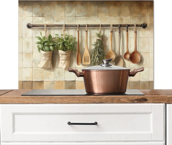 Crédence de Cuisinière en Aluminium 90x60 cm - Bois - Ustensiles de cuisine - Nature morte - Carrelage - Écran Pare-éclaboussures pour Plaque de Cuisson - Protection Murale