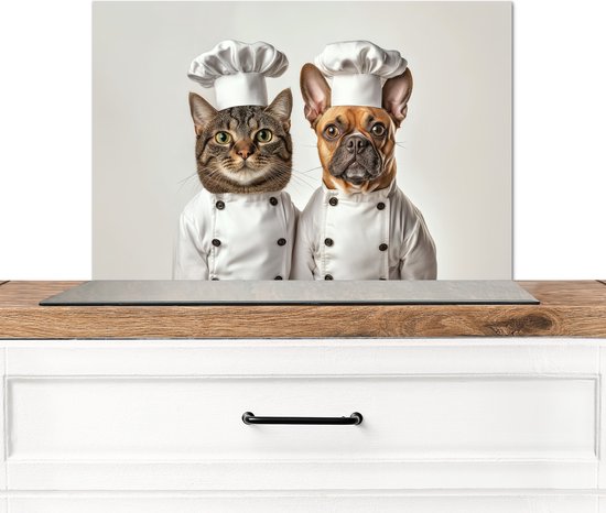 Spatscherm keuken 70x50 cm - Kookplaat achterwand Kat - Hond - Kokskleding - Muurbeschermer - Spatwand fornuis - Hoogwaardig aluminium