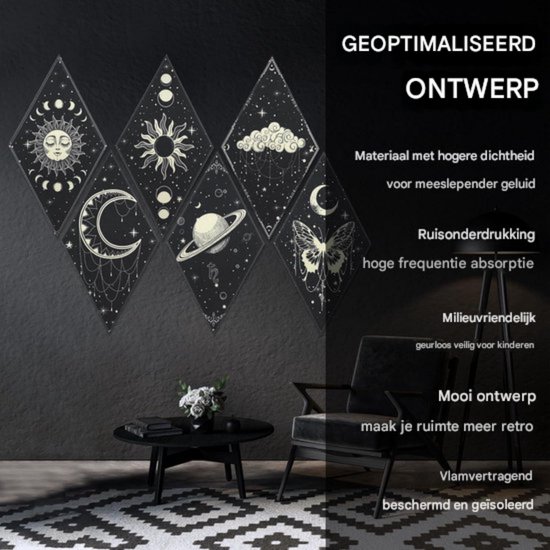 JBER Art akoestische panelen, set van 6 zelfklevende grote muurkunst schilderijen voor wanddecoratie, geluidsabsorberende panelen voor opnamestudio, woonkamer, badkamer, 120 x 68 cm (zwart
